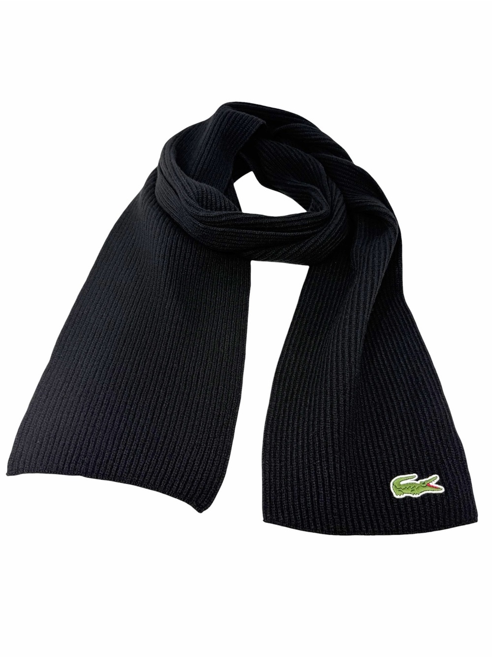 Lacoste Black Ribbed Knit Wool Scarf Unisex